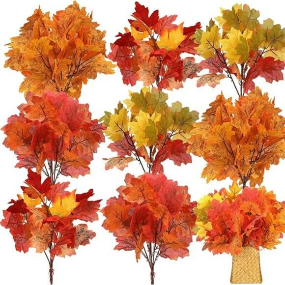 Artificial Maple Leaves Stems 8 Pack Fall Branches Faux Autumn Decor Centerpiece - Picture 7 of 7